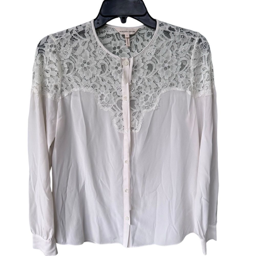 Rebecca Taylor Women's Long Sleeve Silk and Lace Top in white 2